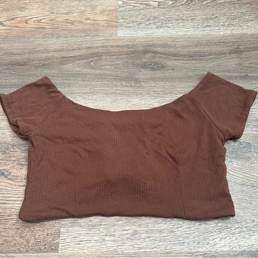 Cotton On Brown Ribbed off-the-shoulder Crop Top Size Medium Stretch